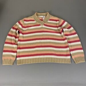 Liz Claiborne Sweater Women's Large Beige Red Peach‎ Striped V-Neck Warm Knit